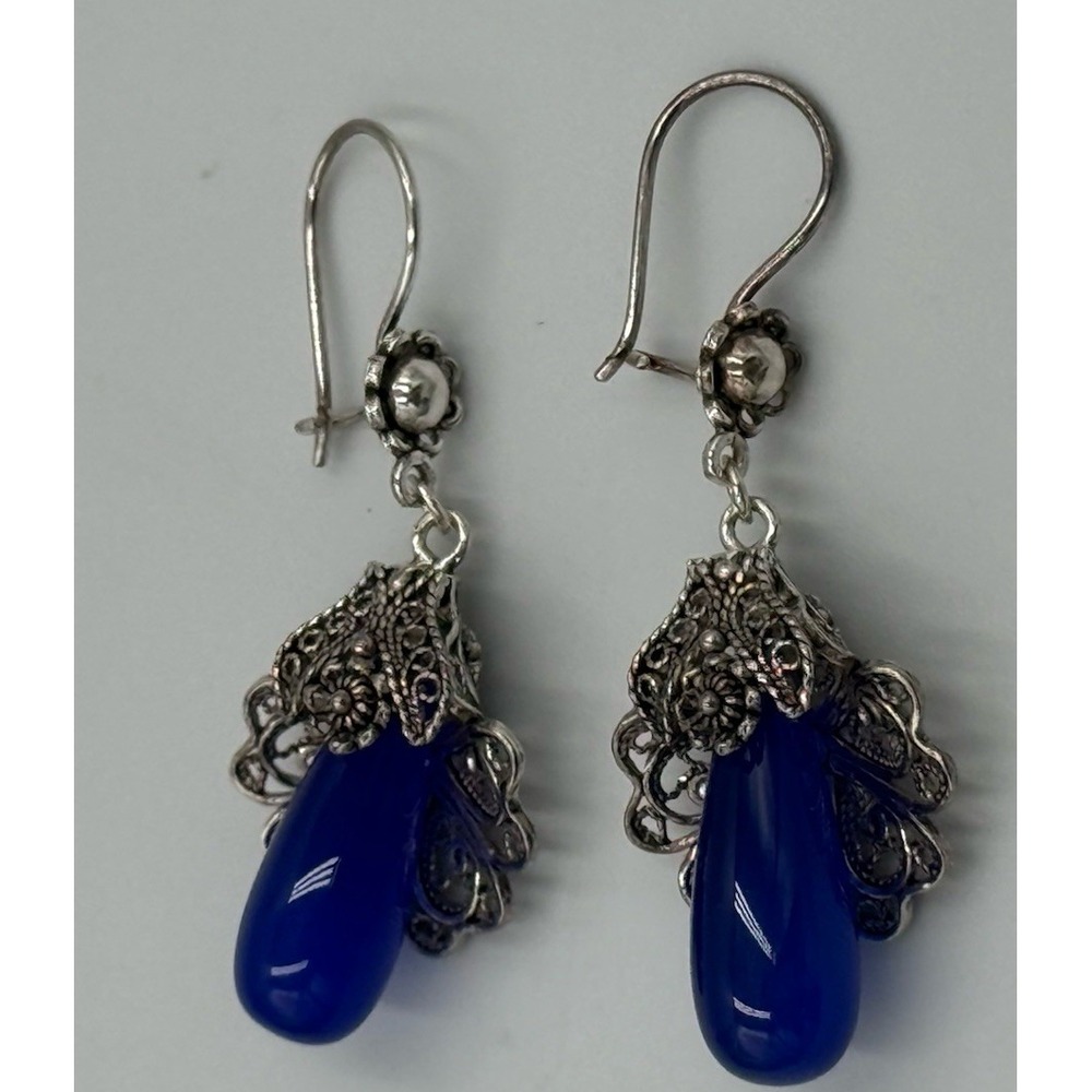 DGS Turkey Sterling Silver 925 Filligree Blue Agate Stone Dangle Earrings New